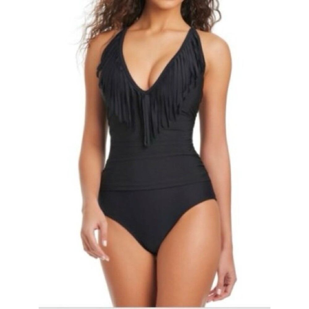 Beyond Control Cowgirl Fringe Swimsuit Sz 14 Black One-Piece Tummy Control New